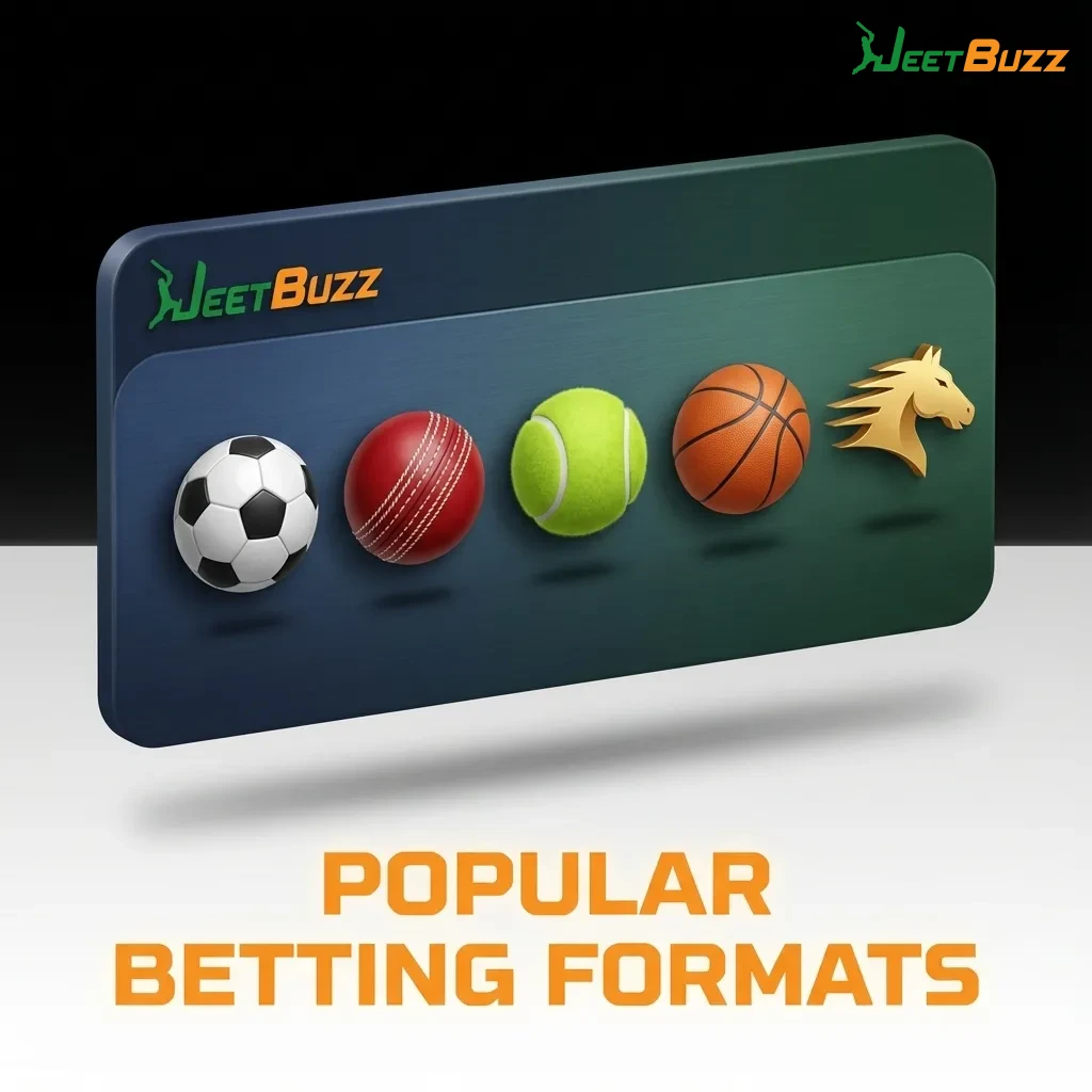 Infographic showing four betting format options: Live In-Play, Multi Live, Pre-Match betting with icons and descriptions — Jeetbuzz in Bangladesh