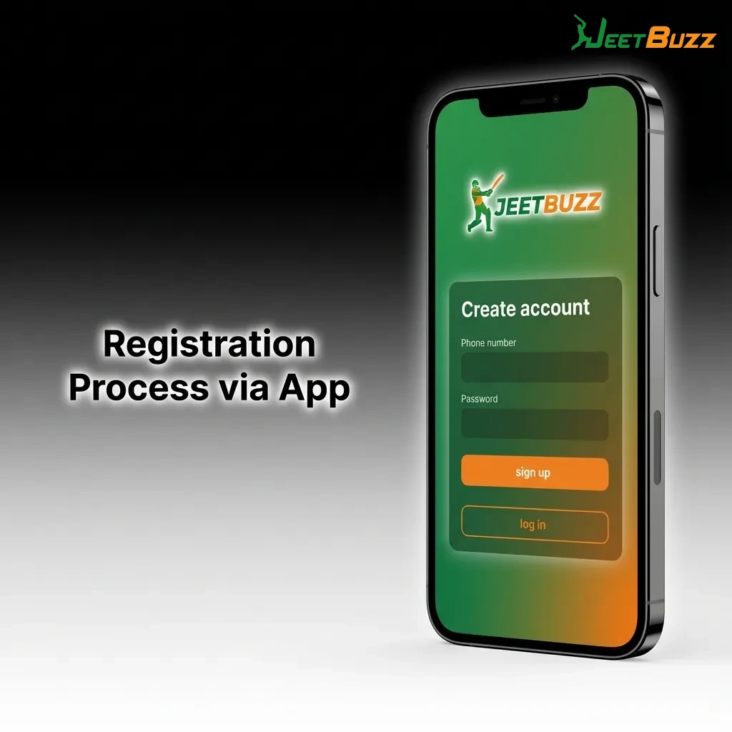 Mobile app registration screen showing sign-up form with fields for phone number, email, password, and verification steps — Jeetbuzz in Bangladesh