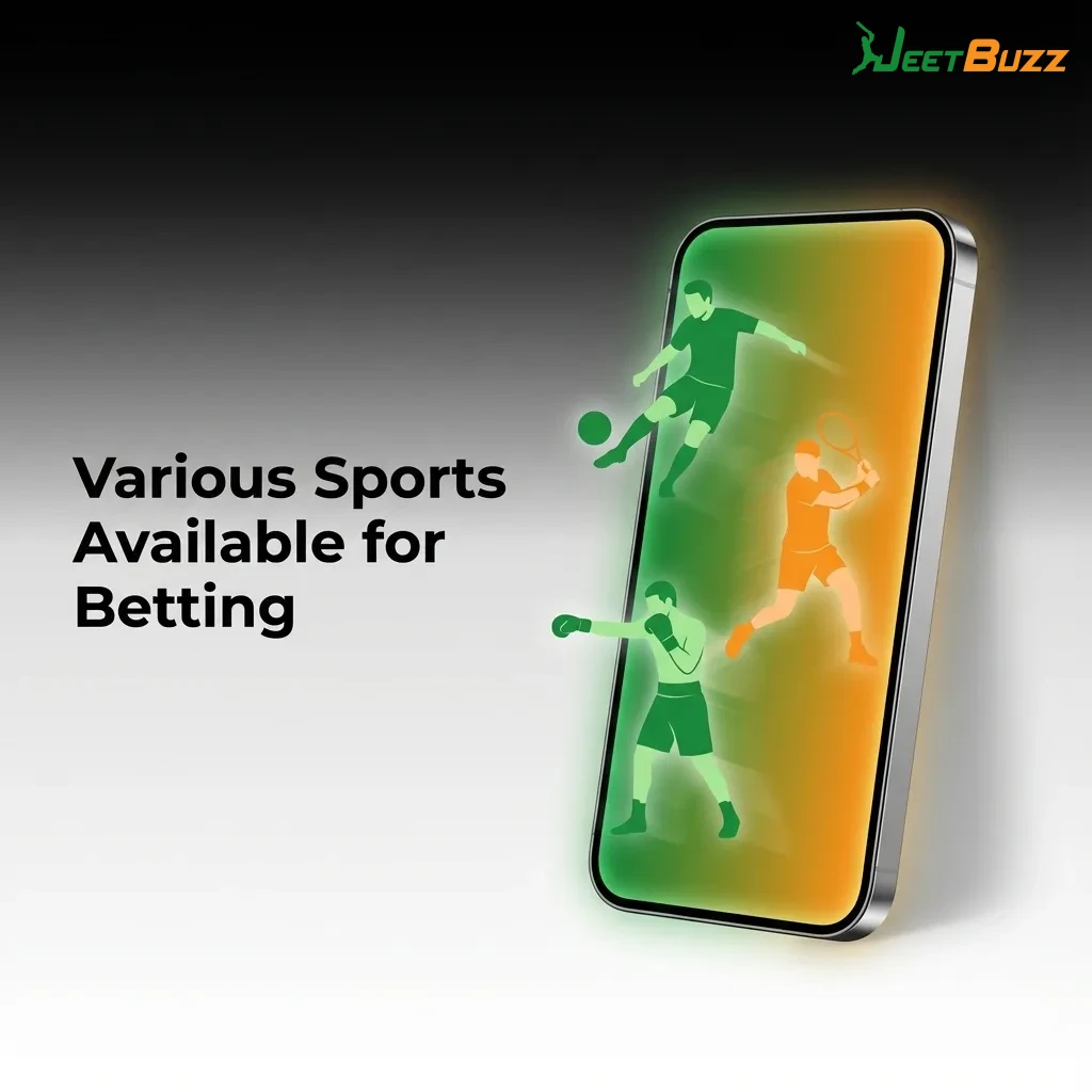 Mobile sports betting interface showing multiple sports icons including cricket, football, tennis, basketball, and esports — Jeetbuzz in Bangladesh