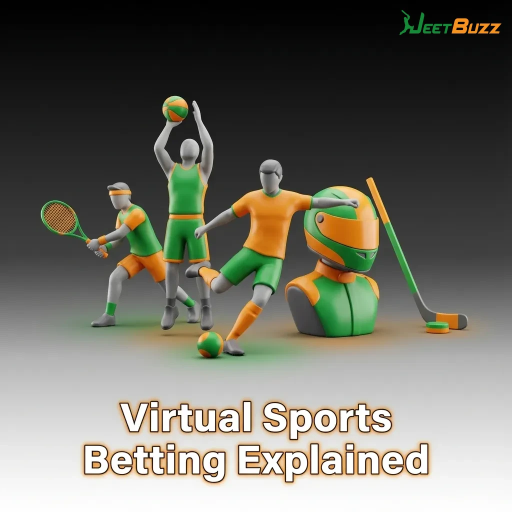 Computer-generated virtual sports betting interface showing simulated football, horse racing, and tennis events — Jeetbuzz in Bangladesh