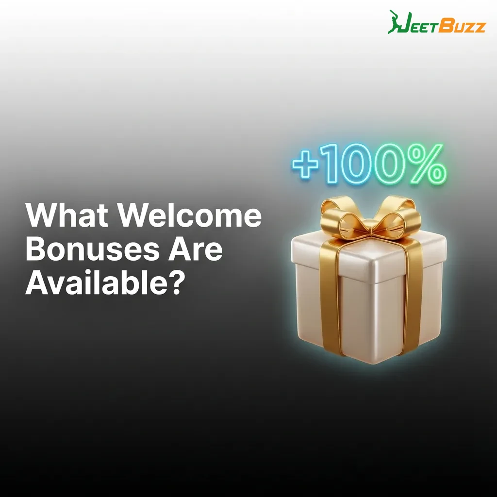 Table showing welcome bonus options with percentages, maximum amounts, minimum deposits, and wagering requirements.